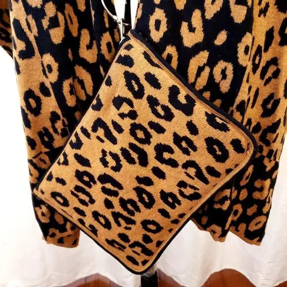 Chico's Animal Print Jacquard Ruana Shawl Sweater w/ Matching Bag | Size L/XL - Picture 3 of 11